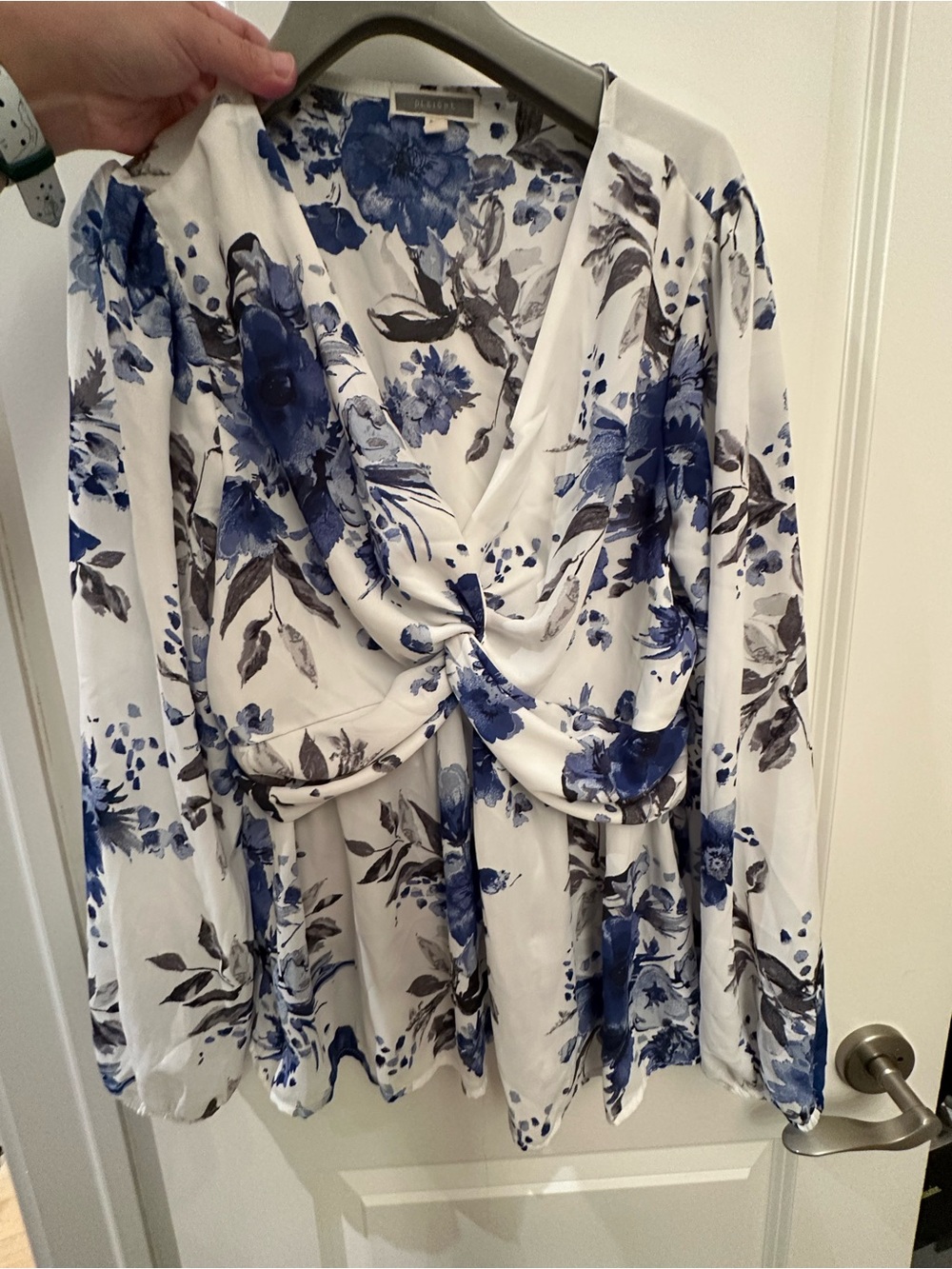 Pleione Anthropologie White Blouse with Blue Floral Twist-Front medium